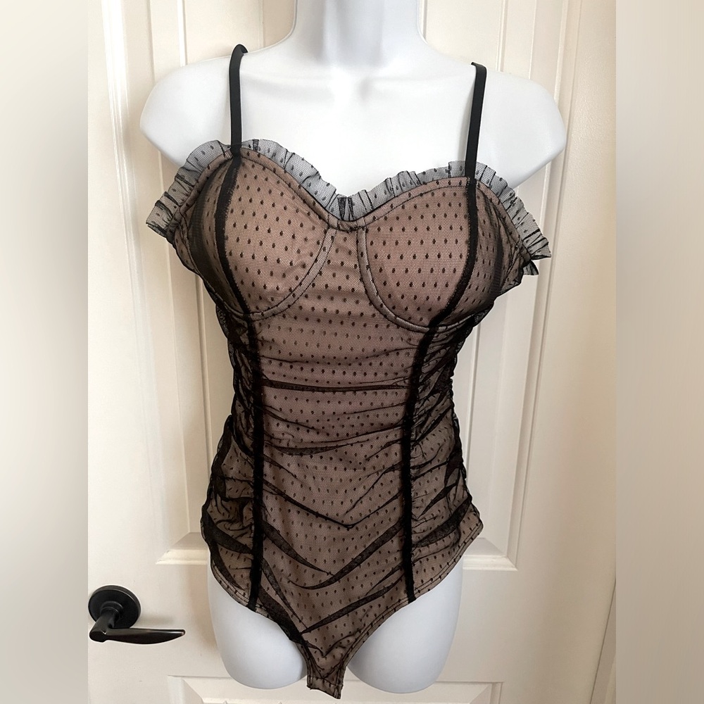 Ooh La La! Kiss the Stars Dotted Mesh Bodysuit w/ Ruffles and Ruching, Size M